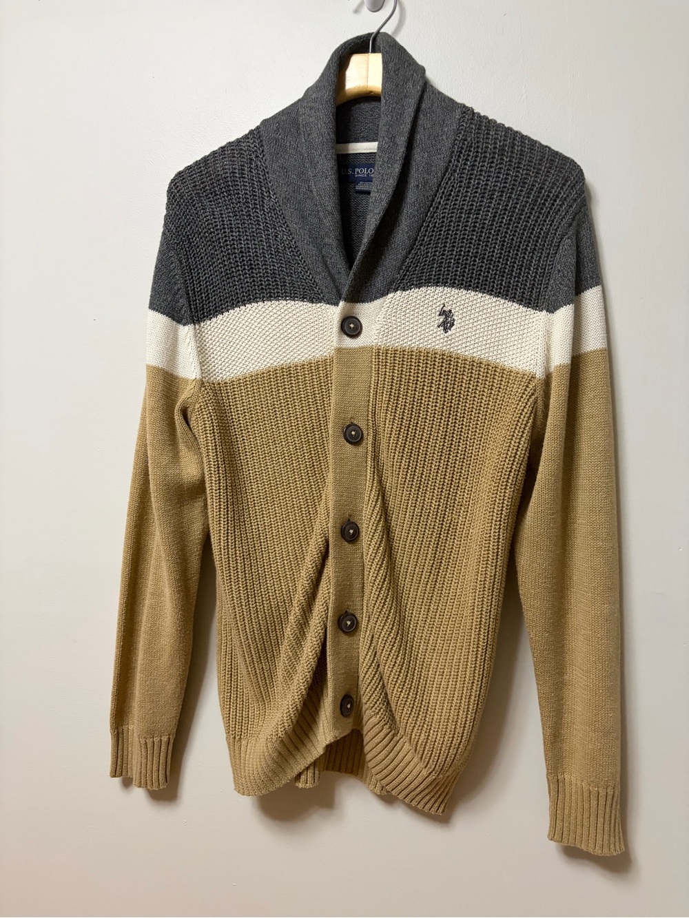 U.S. Polo Assn. Men's Colorblock Shawl Collar Cardigan Sweater Khaki Gray Small - Picture 5 of 13